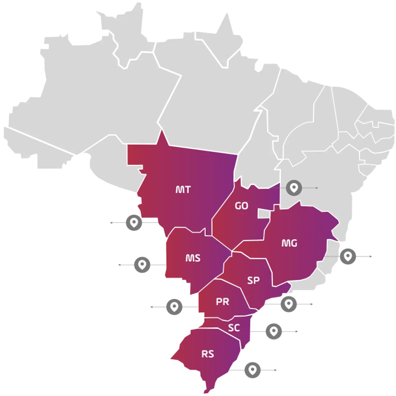 Mapa do Brasil com estados em destaque - SC - 9 unidades PR - 7 unidades RS - 5 unidades GO - 3 unidades MG - 3 unidades MS - 1 unidade
